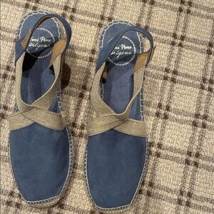 Toni Pons Blue Suede Espadrille Slingback Flats with Tan Straps